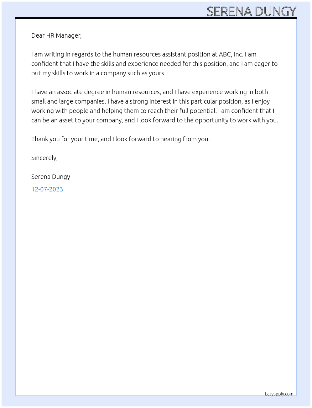 human resources assistant At ABC, Inc. Cover Letter