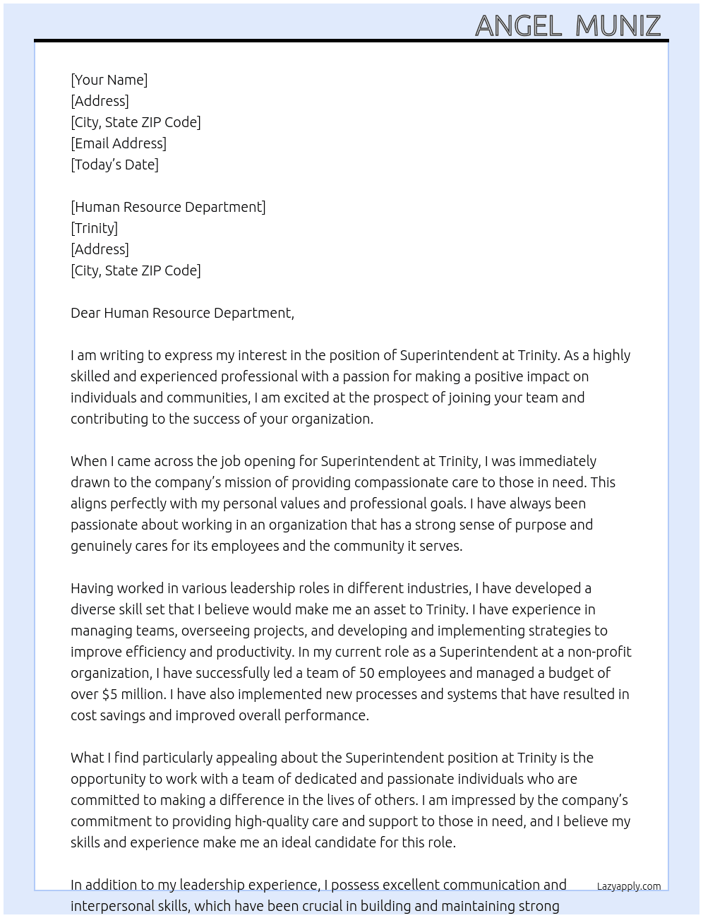 Superintendent At Trinity Cover Letter