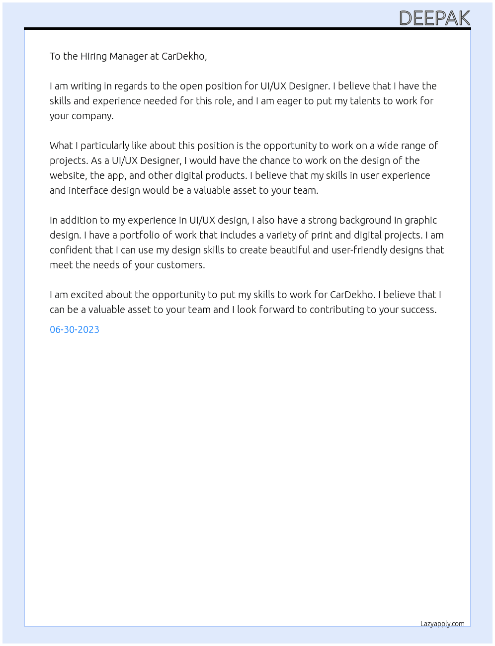UI UX Designer At CarDekho Cover Letter