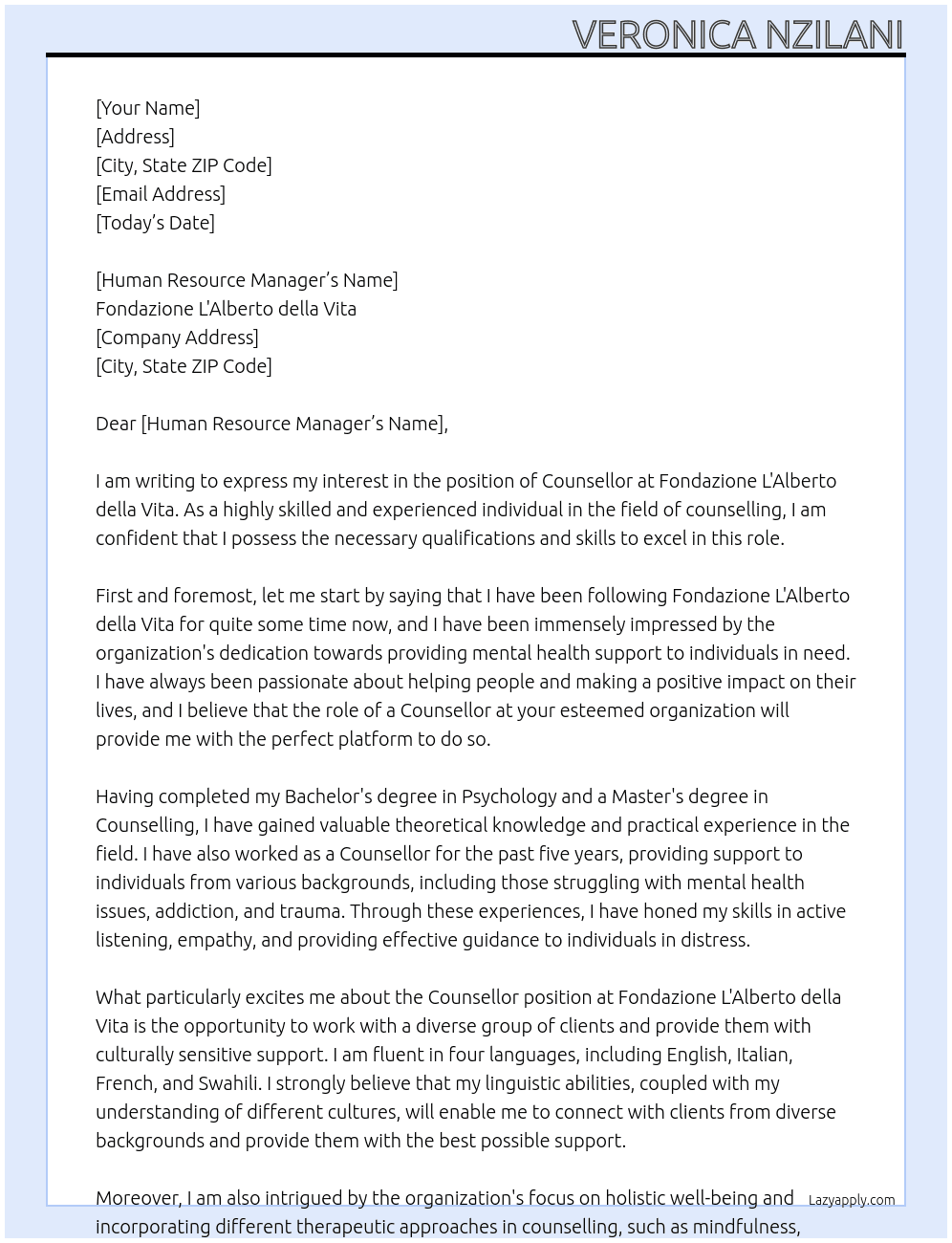 Counsellor At fondazione L'Alberto della Vita Cover Letter