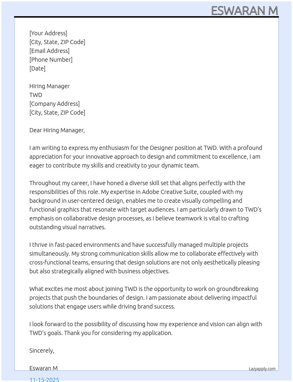 Cover letter for twd - designer - LazyApply
