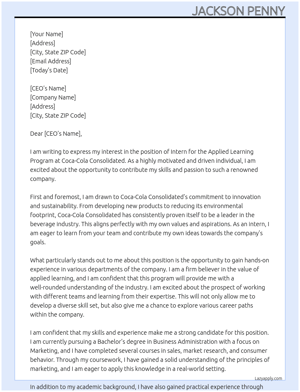 Intern Applied Learning Program At Coca-Cola Consolidated Cover Letter