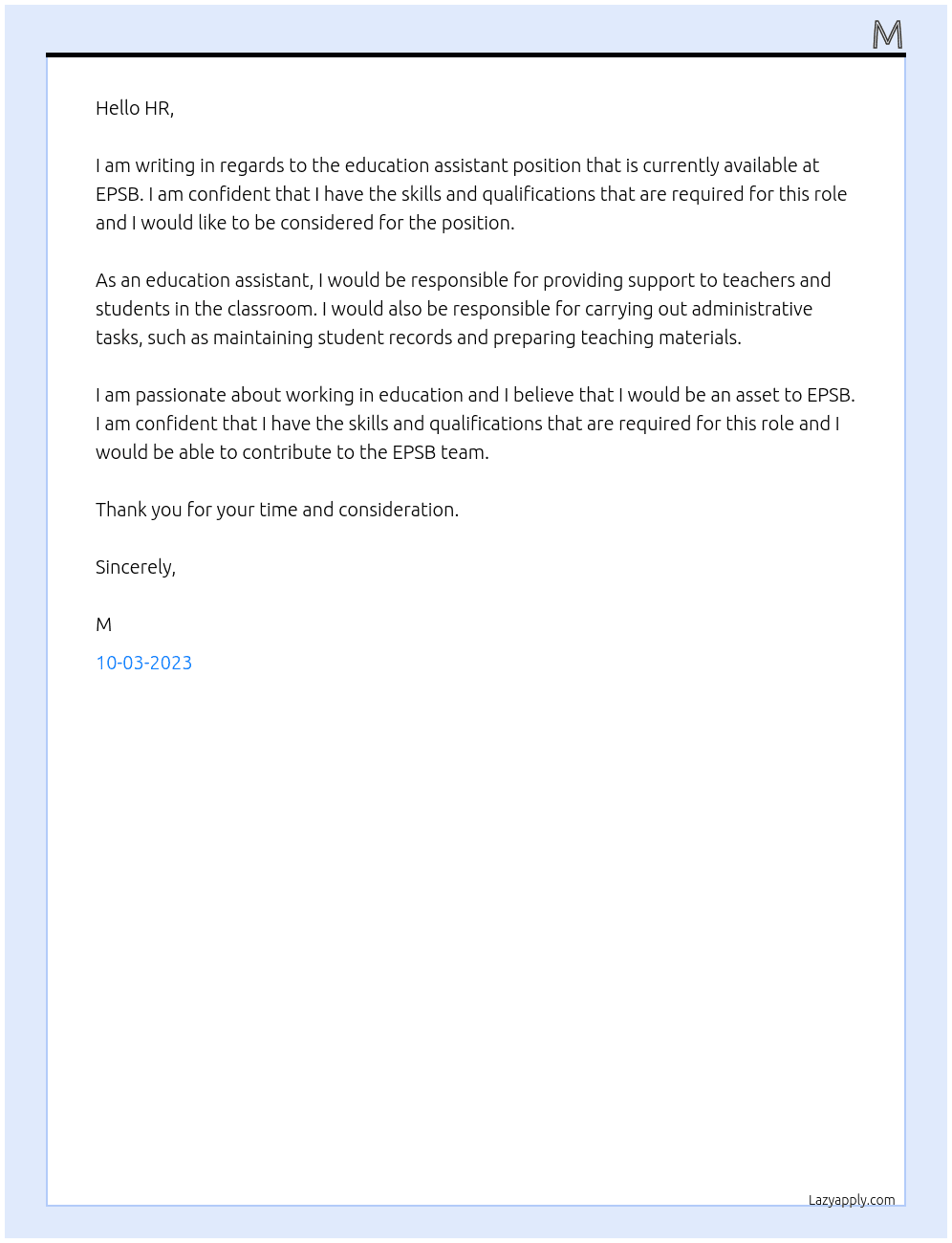 education assistant  At epsb Cover Letter