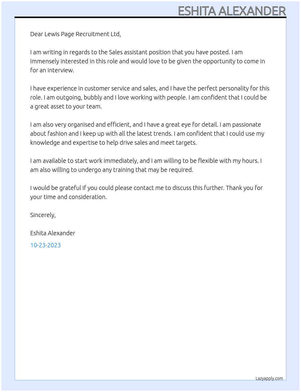 Sales assistant  At Lewis Page Recruitment Ltd Cover Letter