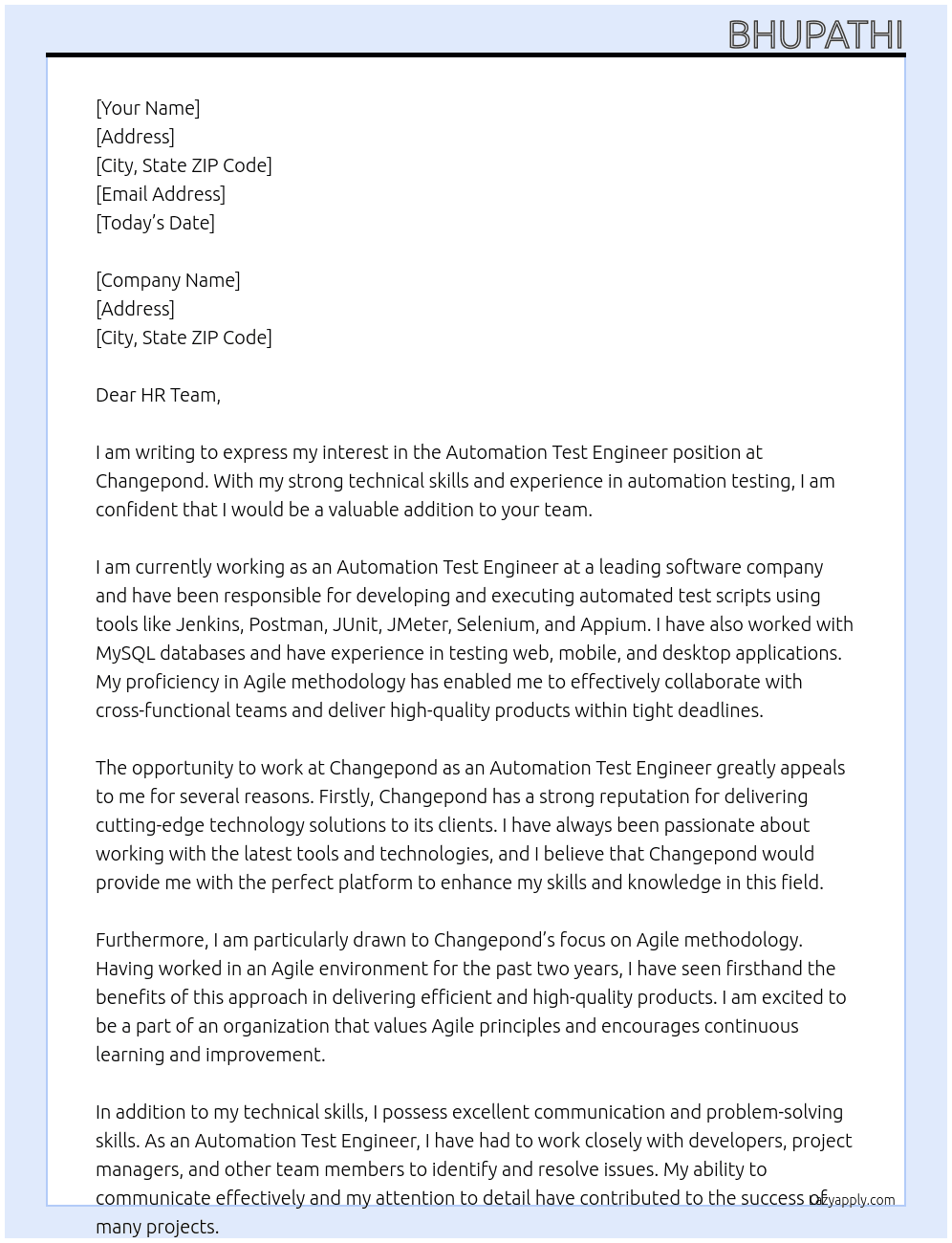 Automation Test Engineer At Changepond Cover Letter