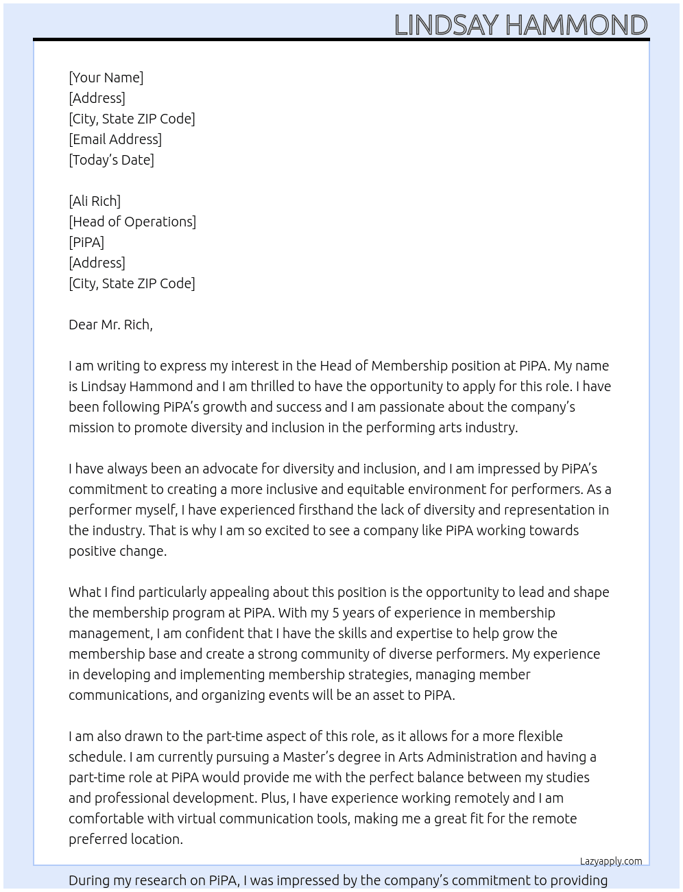 Head of Membership At PiPA Cover Letter