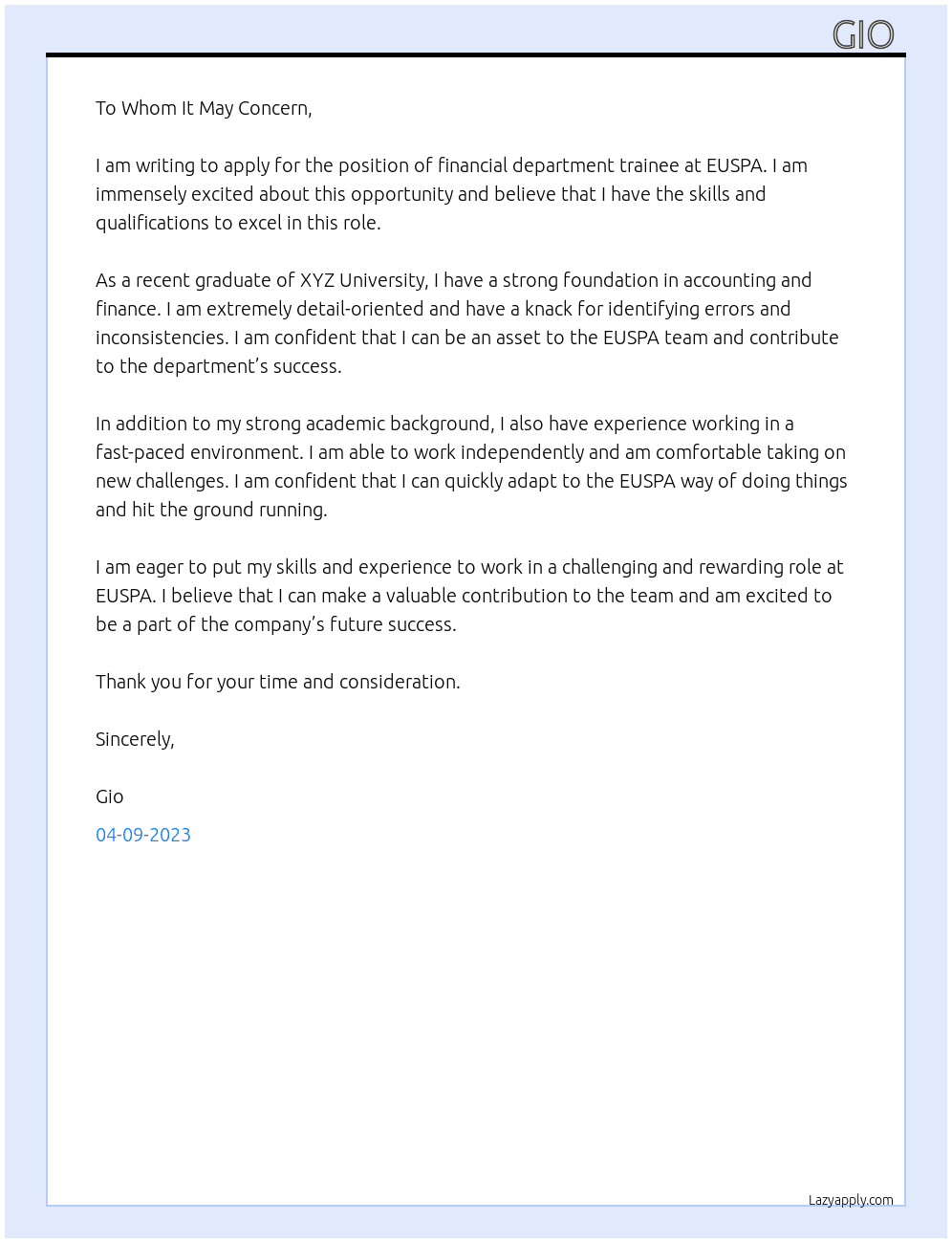 financial department trainee At EUSPA Cover Letter