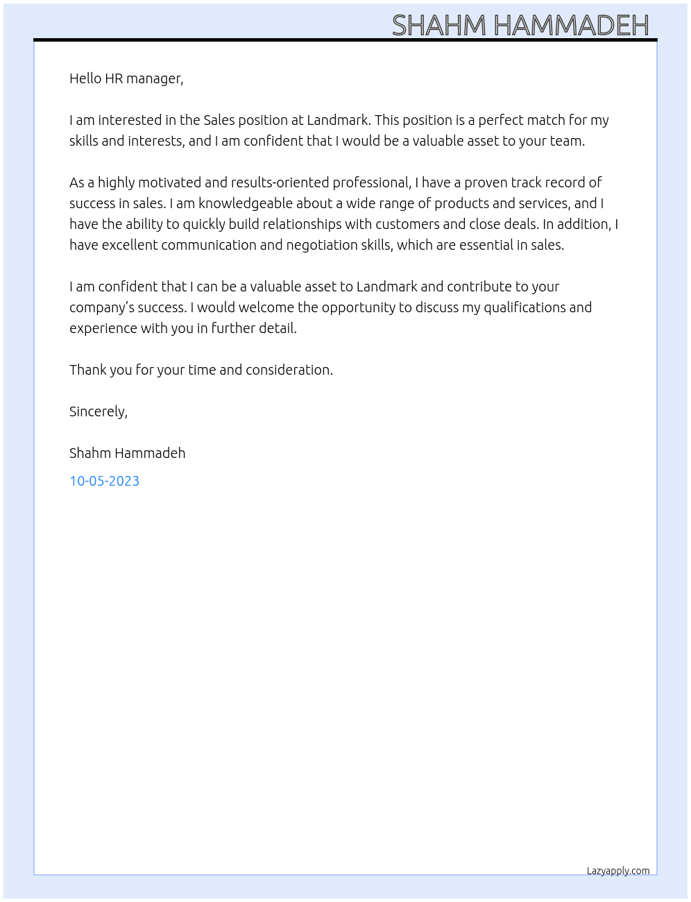 Sales  At Land mark  Cover Letter
