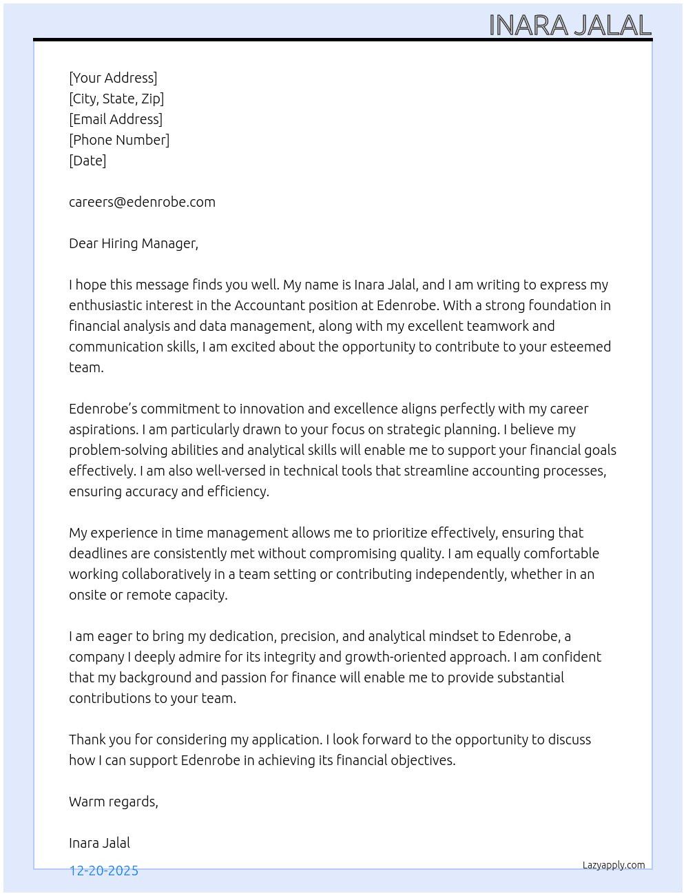 accountant At edenrobe Cover Letter