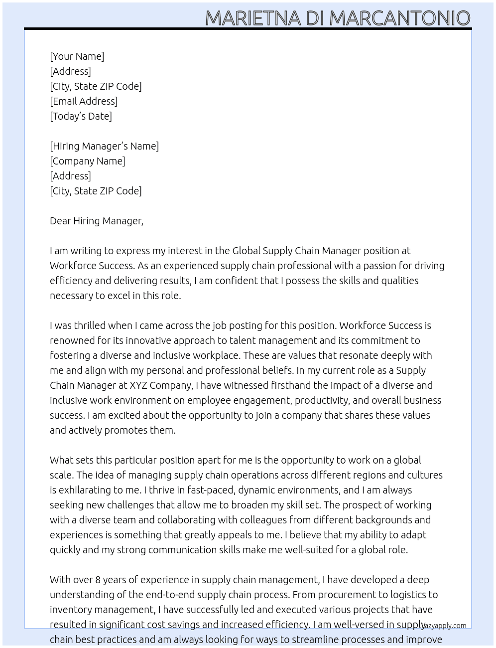 Global Supply Chain Manager At Workforce Success Cover Letter