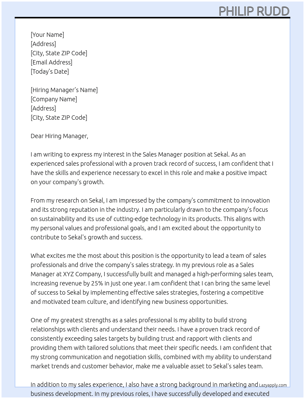 Sales Manager At Sekal Cover Letter