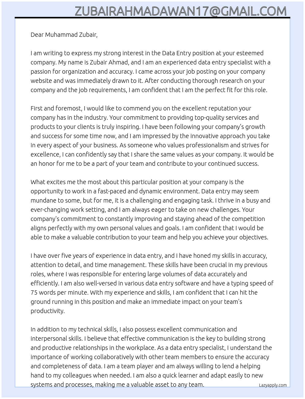 data entry At Muhammad zubair Cover Letter