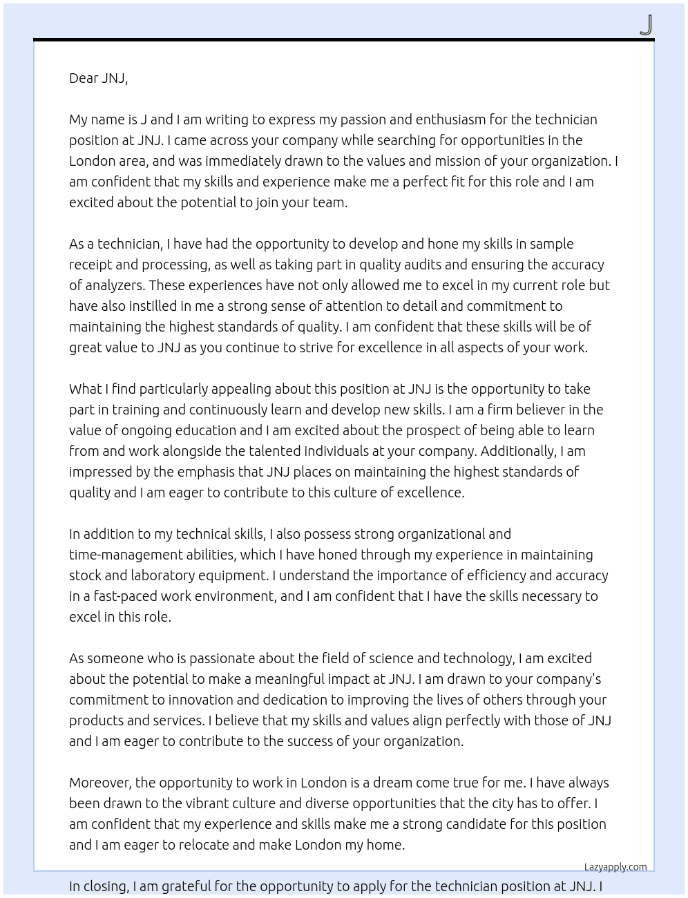 technician At JNJ Cover Letter