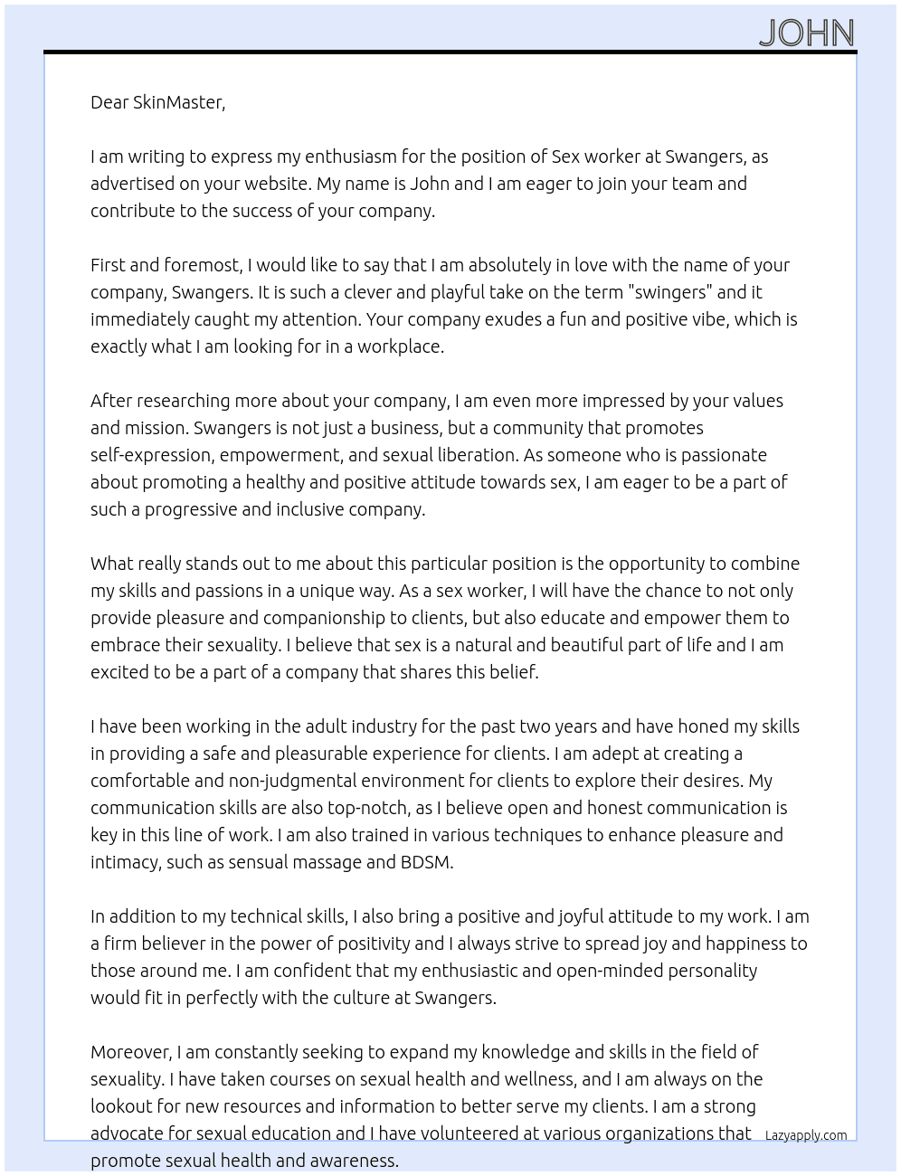 Sex worker At Swangers Cover Letter