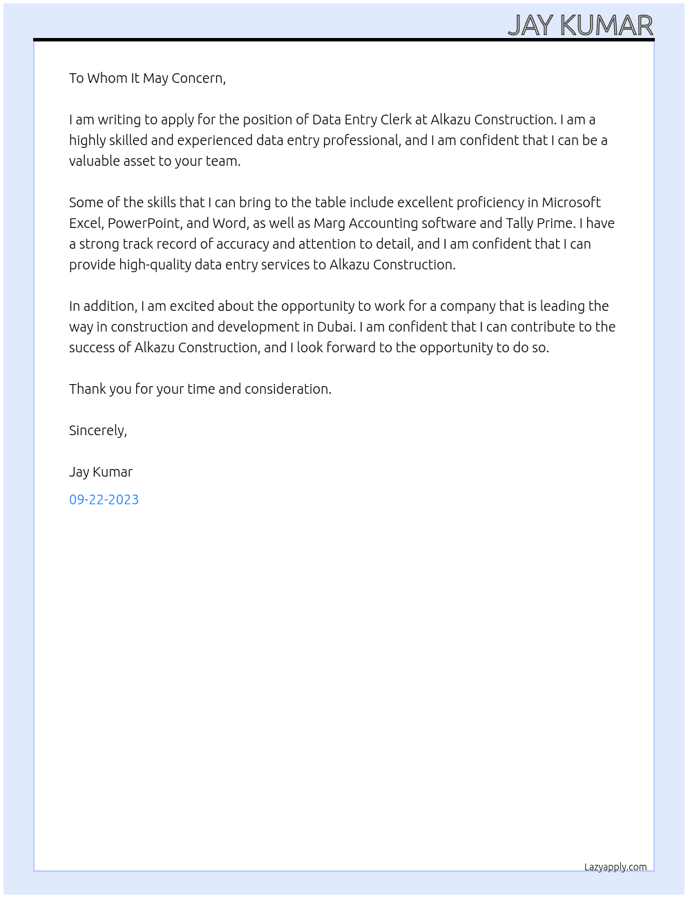 Data Entry Clerk At Alkazu Construction Cover Letter