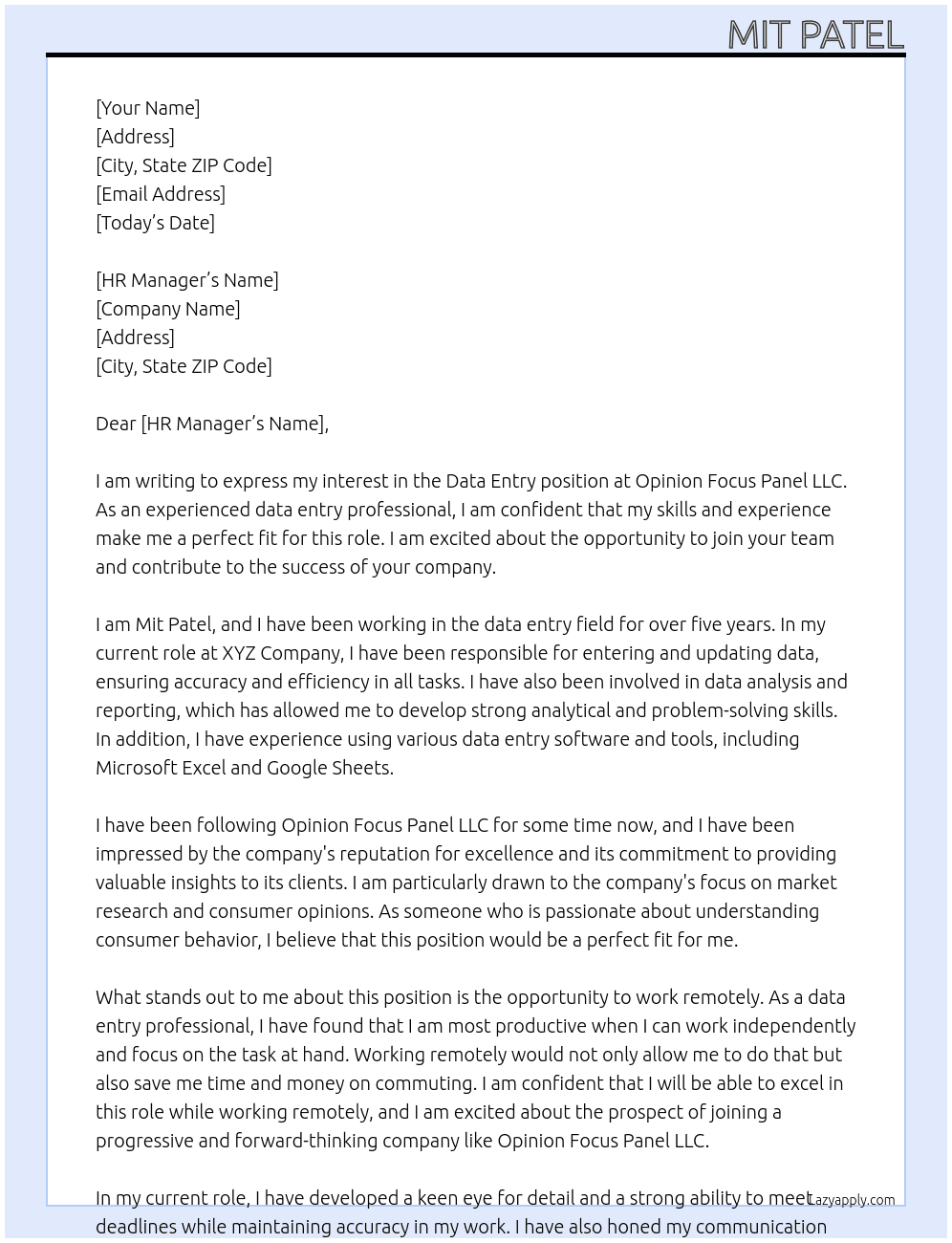 Data entry At Opinion Foucs Panel LLC Cover Letter