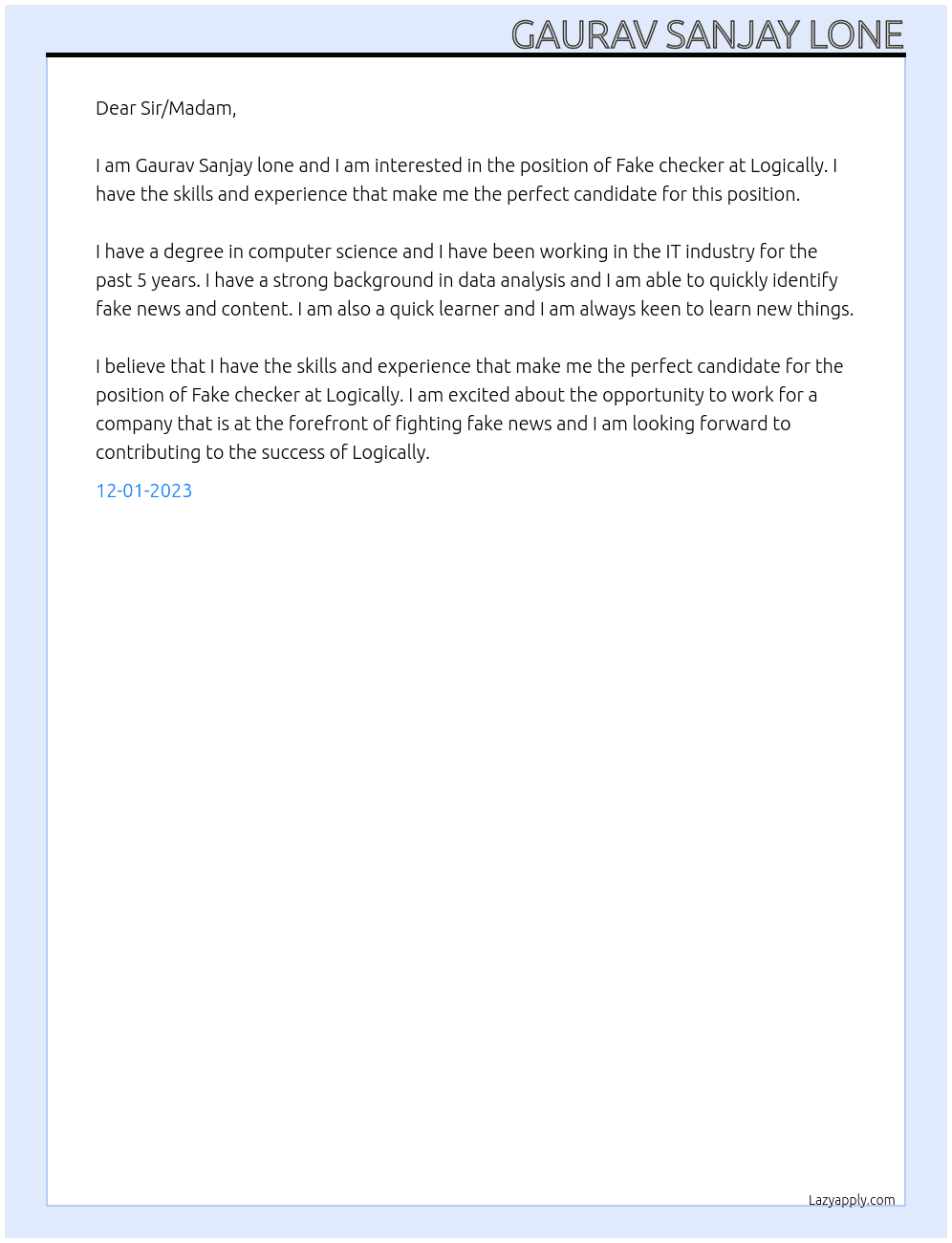Fake checker At Logically Cover Letter