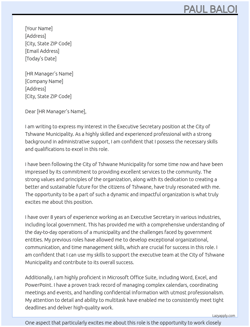 Executive Secretary At City of Tshwane Municipality Cover Letter