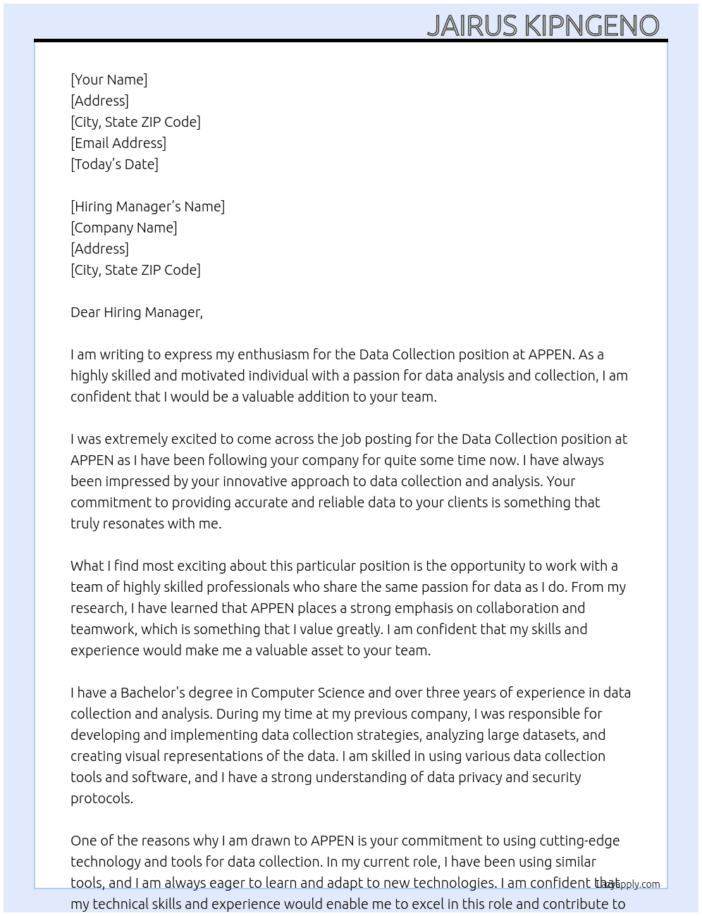 Data collection  At APPEN Cover Letter