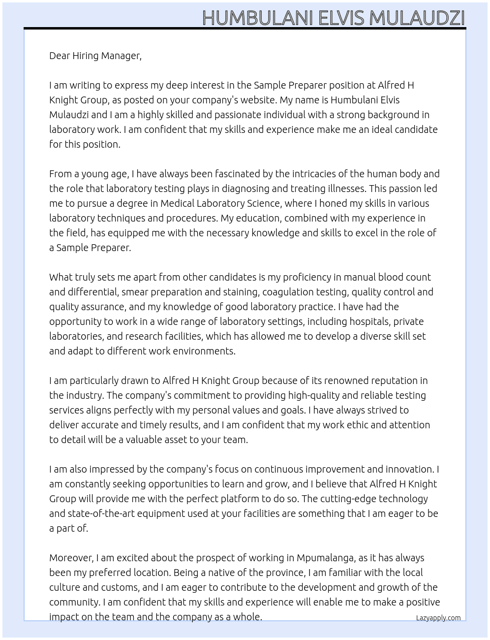 sample preparer At Alfred H Knight Group Cover Letter
