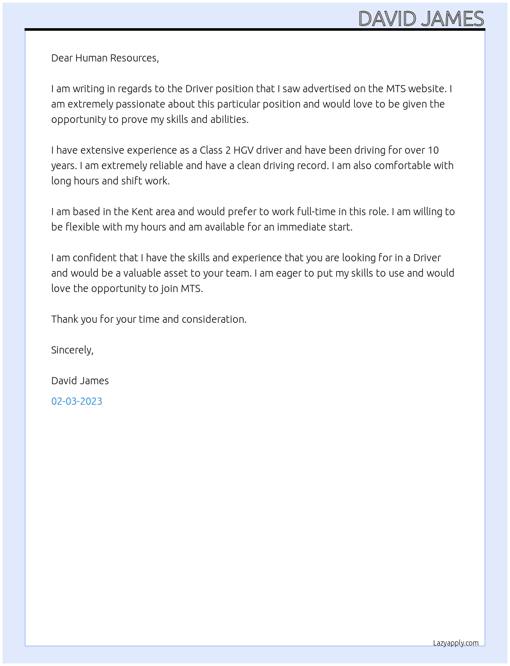 Driver At MTS Cover Letter