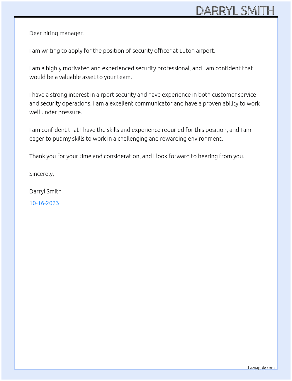Security officer  At Luton airport  Cover Letter