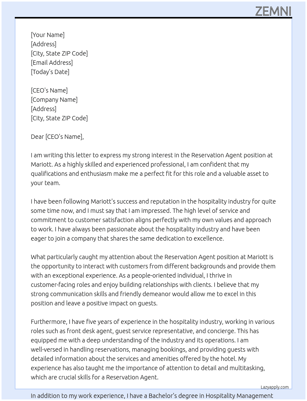 reservation agent At Mariott Cover Letter
