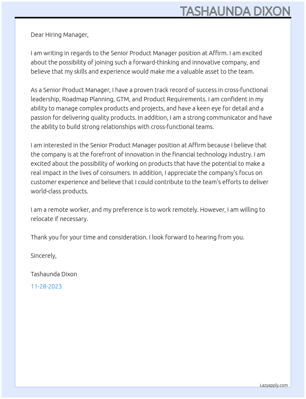 Senior Product Manager At Affirm Cover Letter