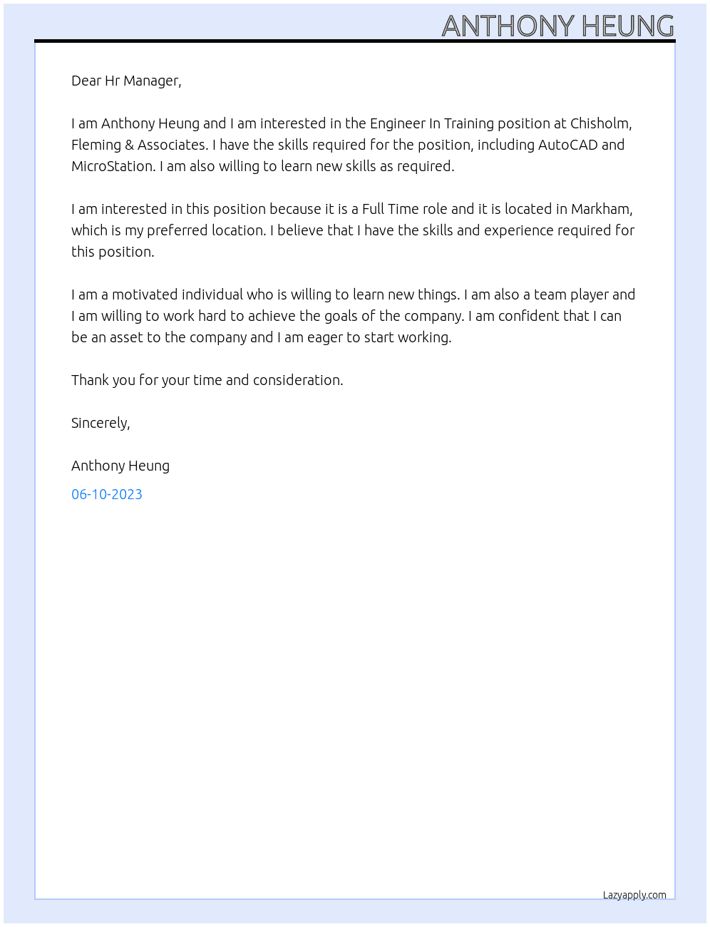 Engineer In Training At Chisholm, Fleming & Associates Cover Letter
