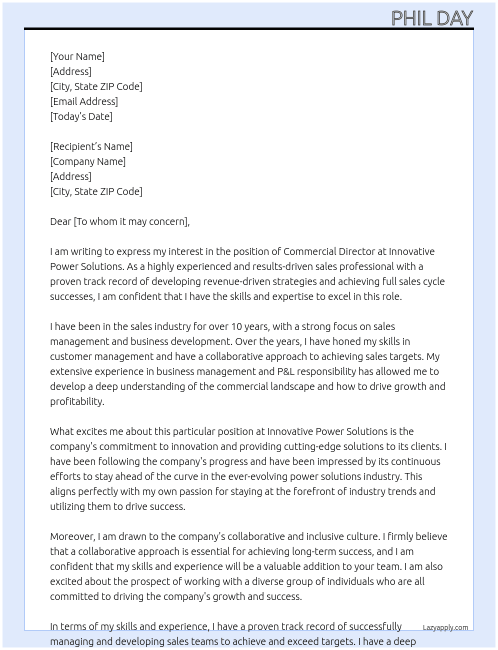 Commercial Director At Innovative power solutions Cover Letter