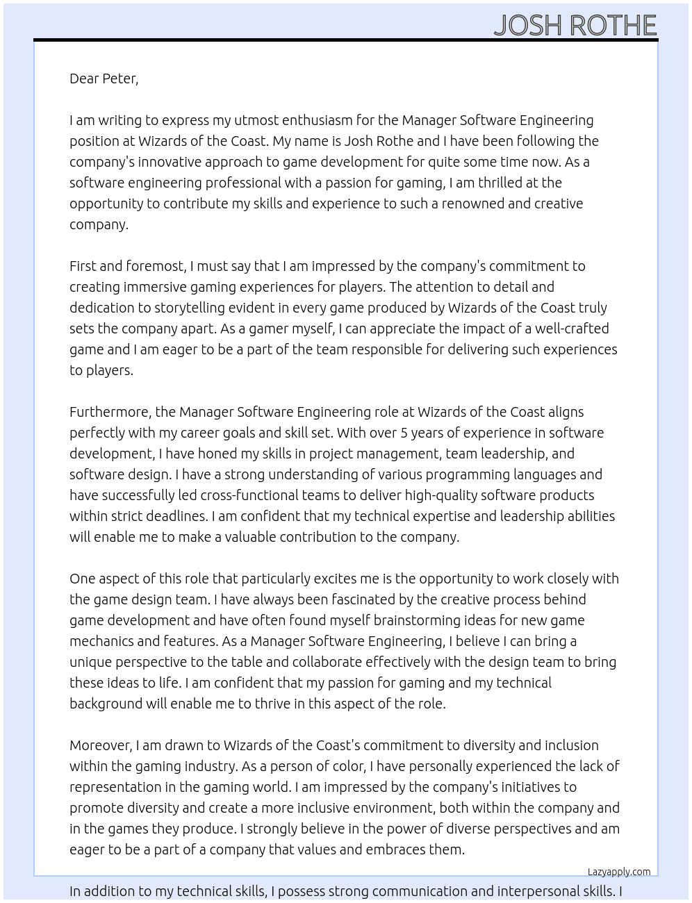 Manager Software Engineering At Wizards of the coast Cover Letter