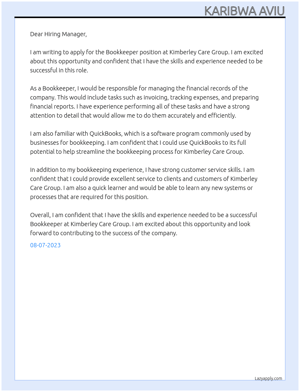 Bookkeeper At Kimberley Care Group Cover Letter