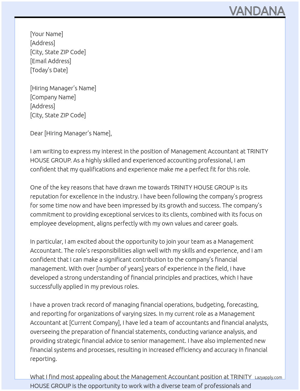 management accountant At TRINITY HOUSE GROUP Cover Letter