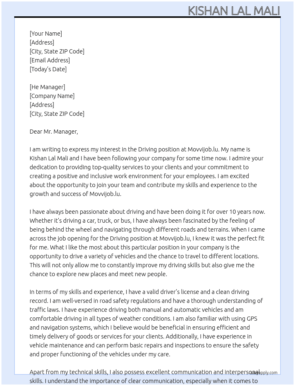 Driving  At Movvijob.lu Cover Letter