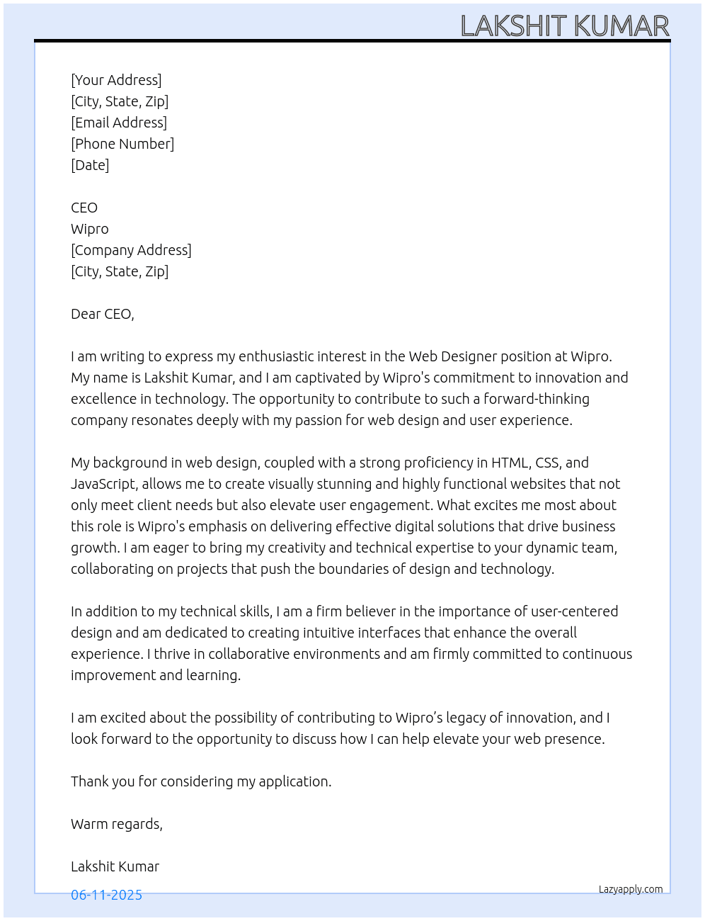 Web designing  At Wipro  Cover Letter