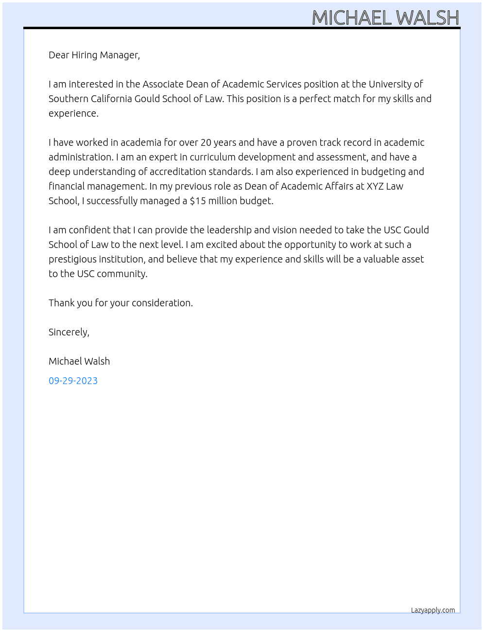 Associate Dean of Academic Services At University of Southern California Gould School of Law Cover Letter