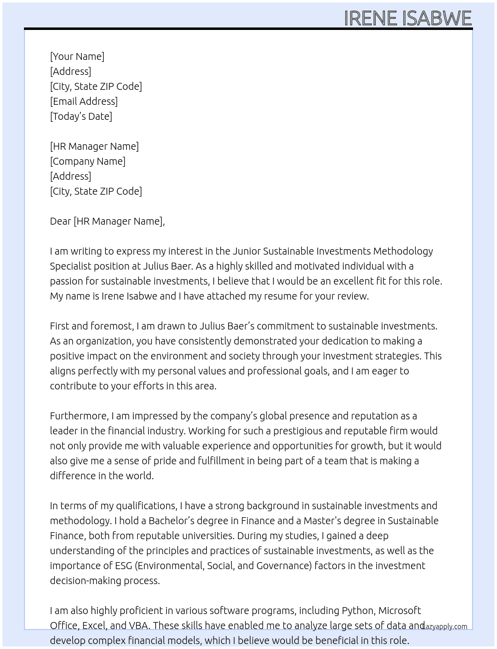 Junior Sustainable Investments Methodology Specialist  At Julius Baer Cover Letter