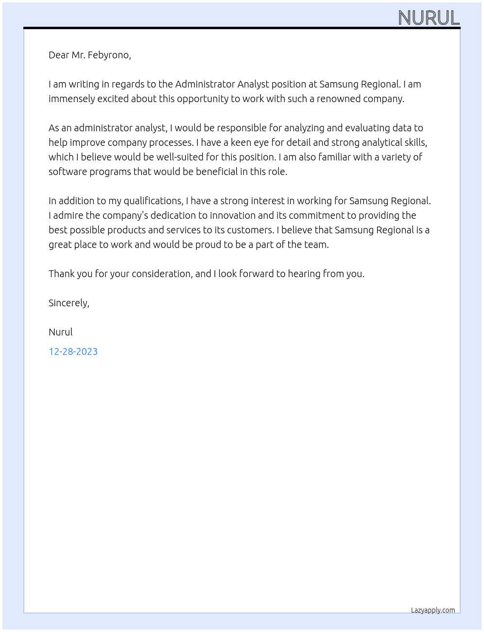 administrator analyst At samsung regional Cover Letter