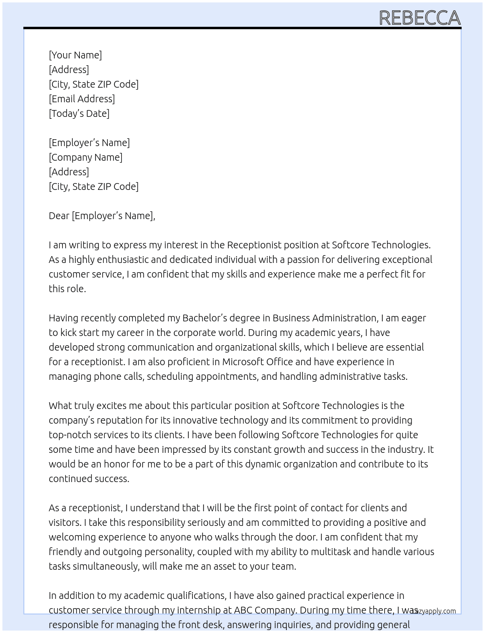 Receptionist  At Softcore Technologies  Cover Letter