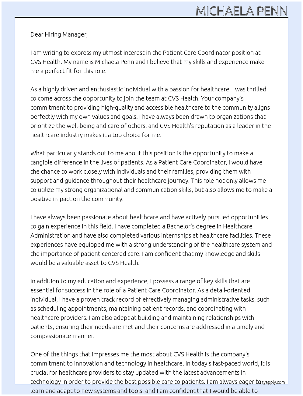 atient Care Coordinator At CVS Health Cover Letter