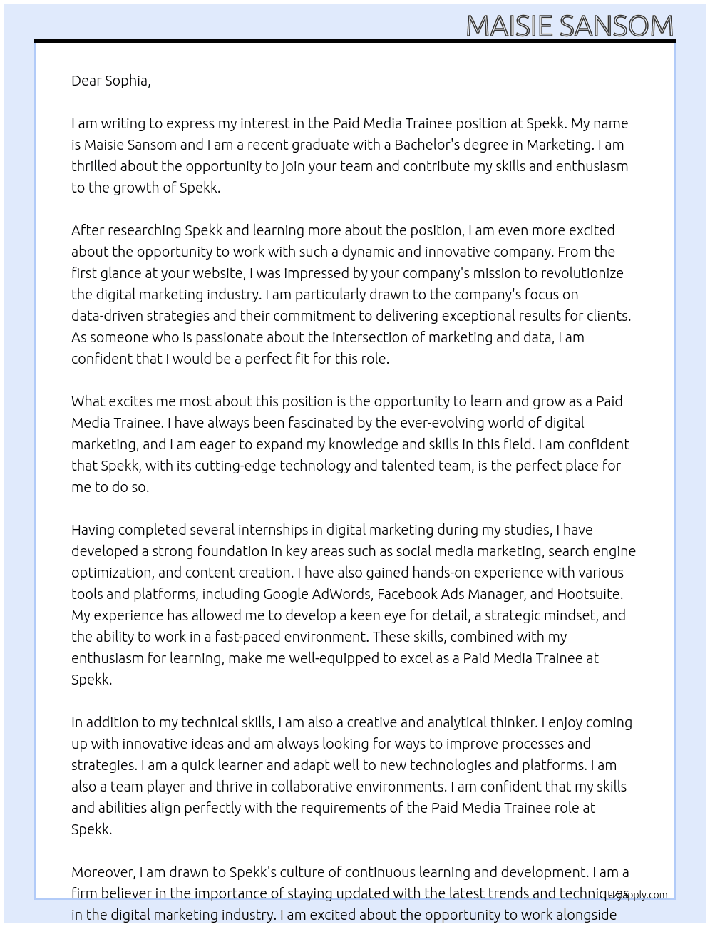 Paid Media Trainee At Spekk Cover Letter