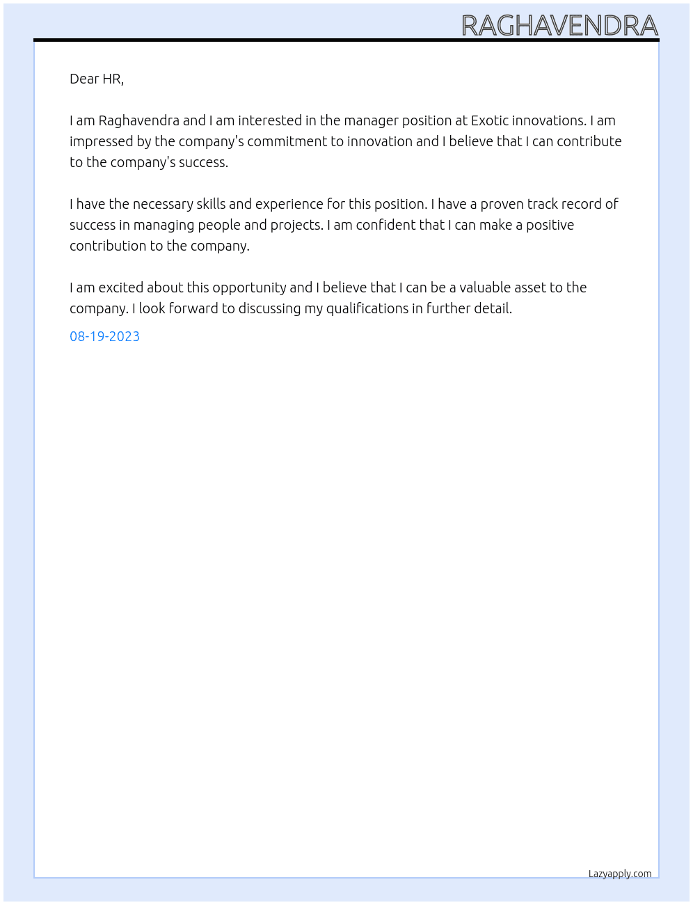 manager At Exotic innovations Cover Letter