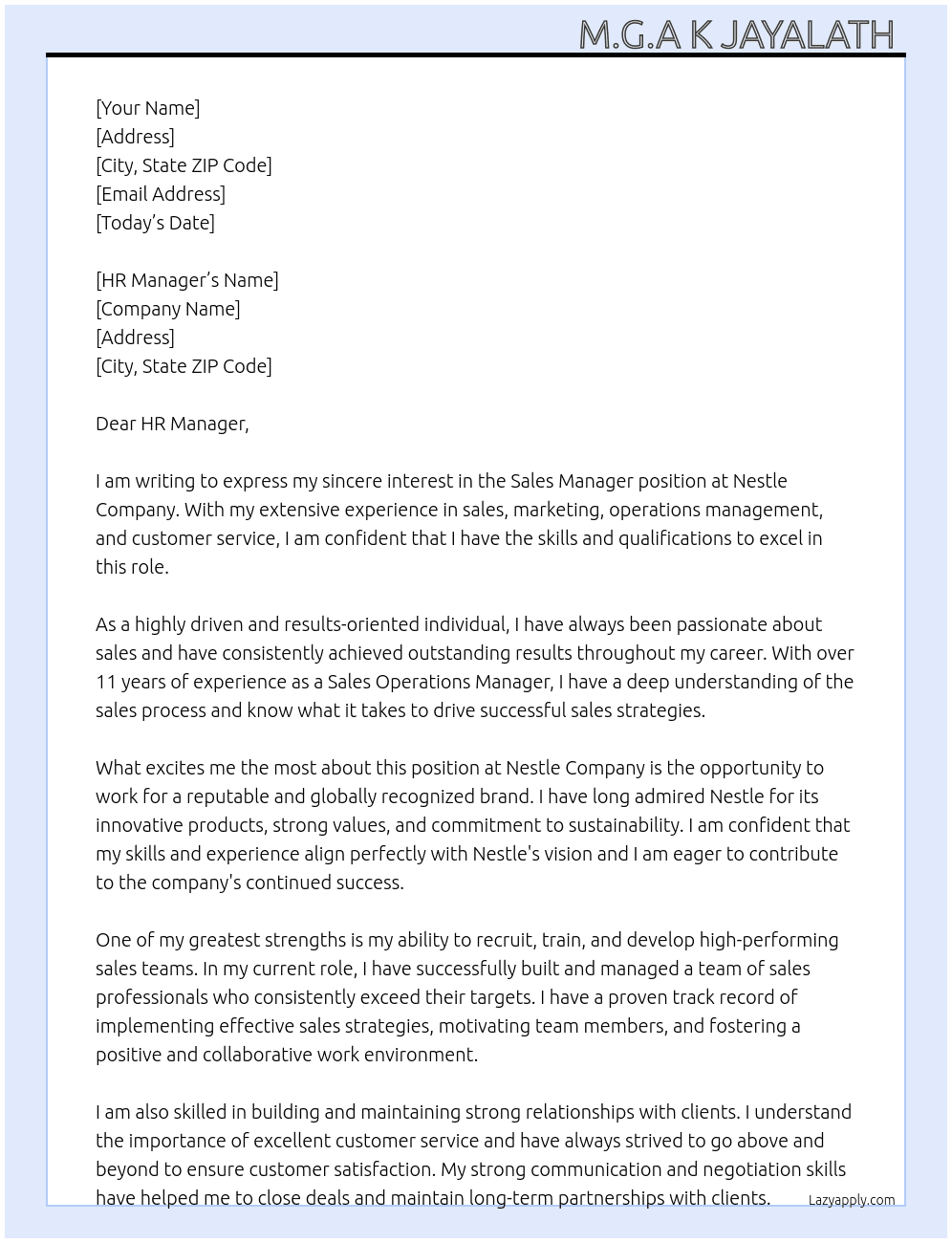 Sales  At Nestle company  Cover Letter