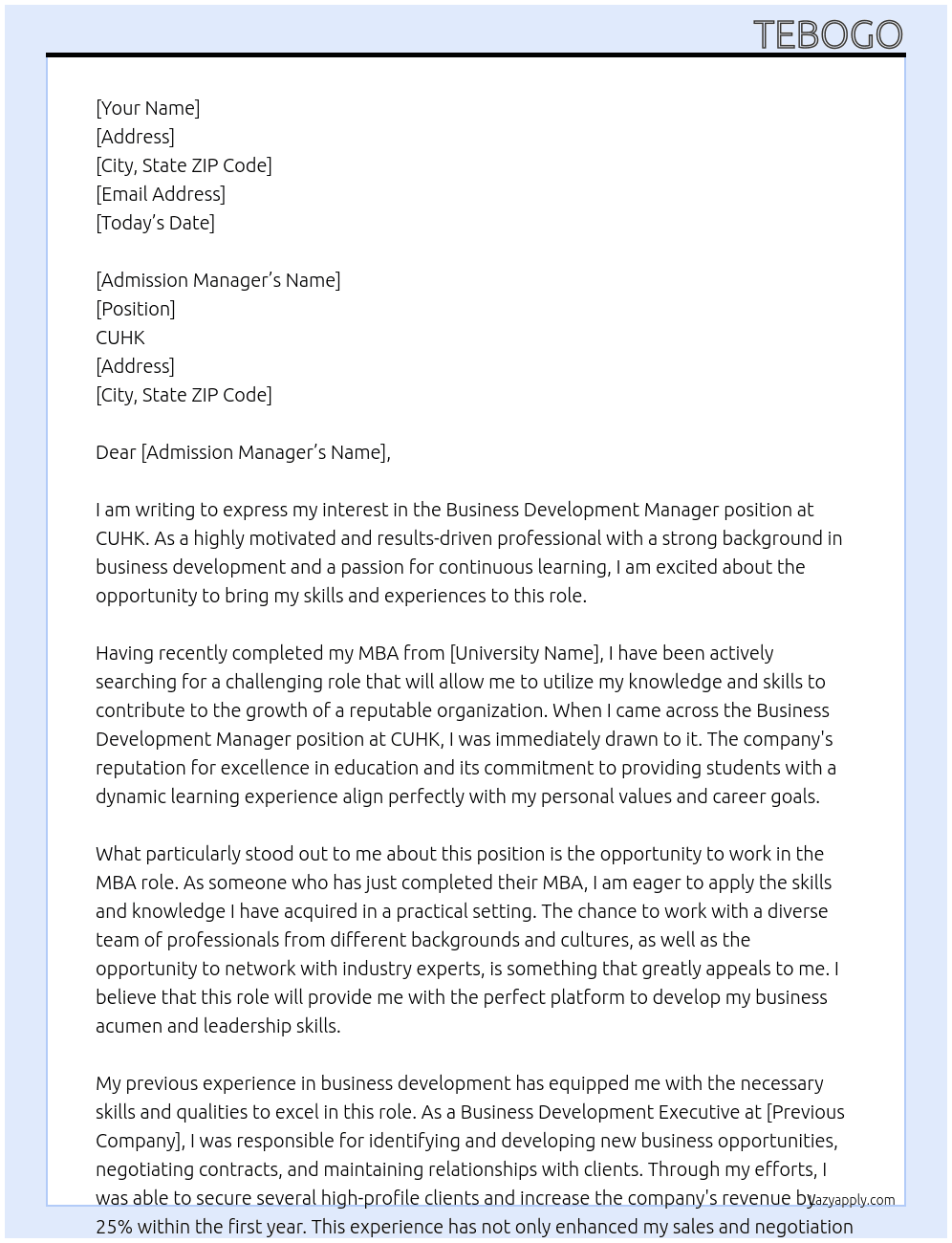 Business development manager  At Cuhk Cover Letter