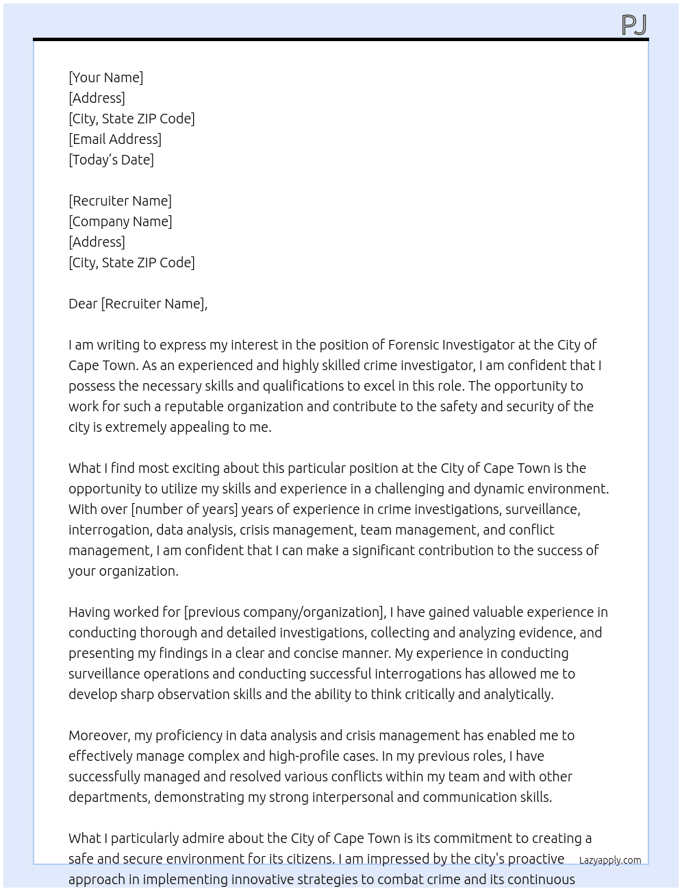 Forensic Investigator At City of Cape Town Cover Letter