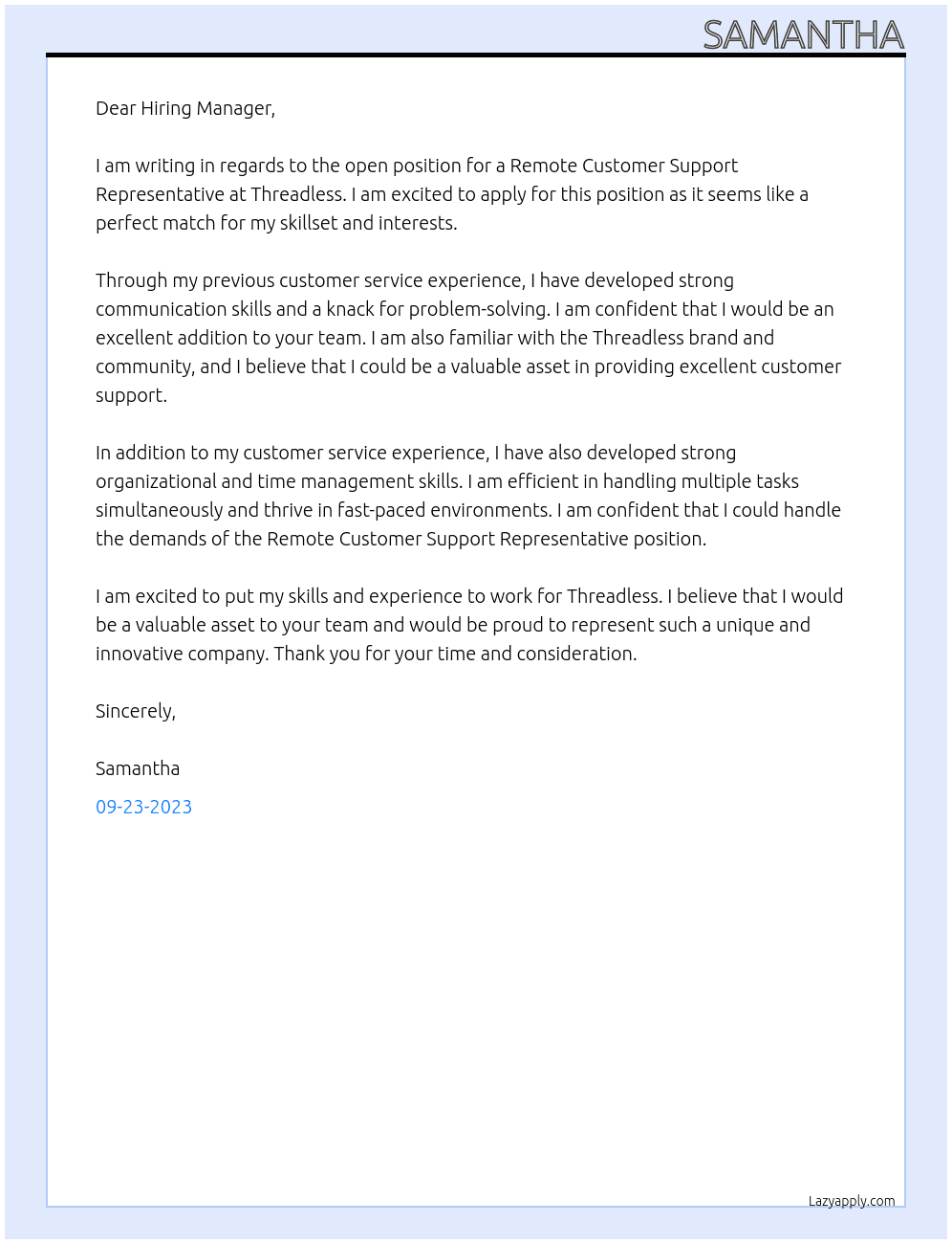 Remote Customer Support Representative At Threadless Cover Letter