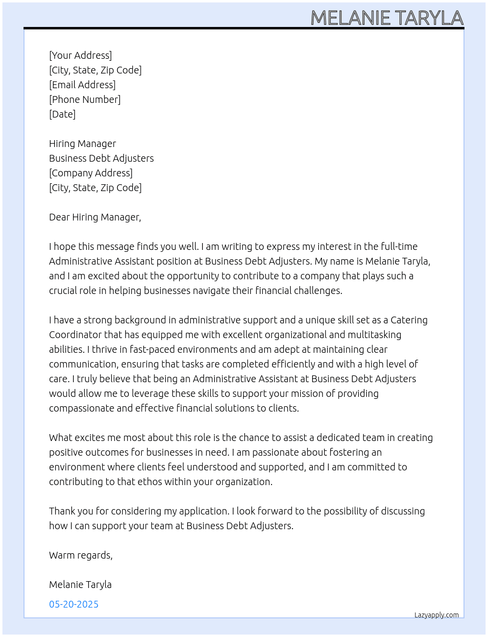 Administrative assistant  At Business Debt Adjusters  Cover Letter