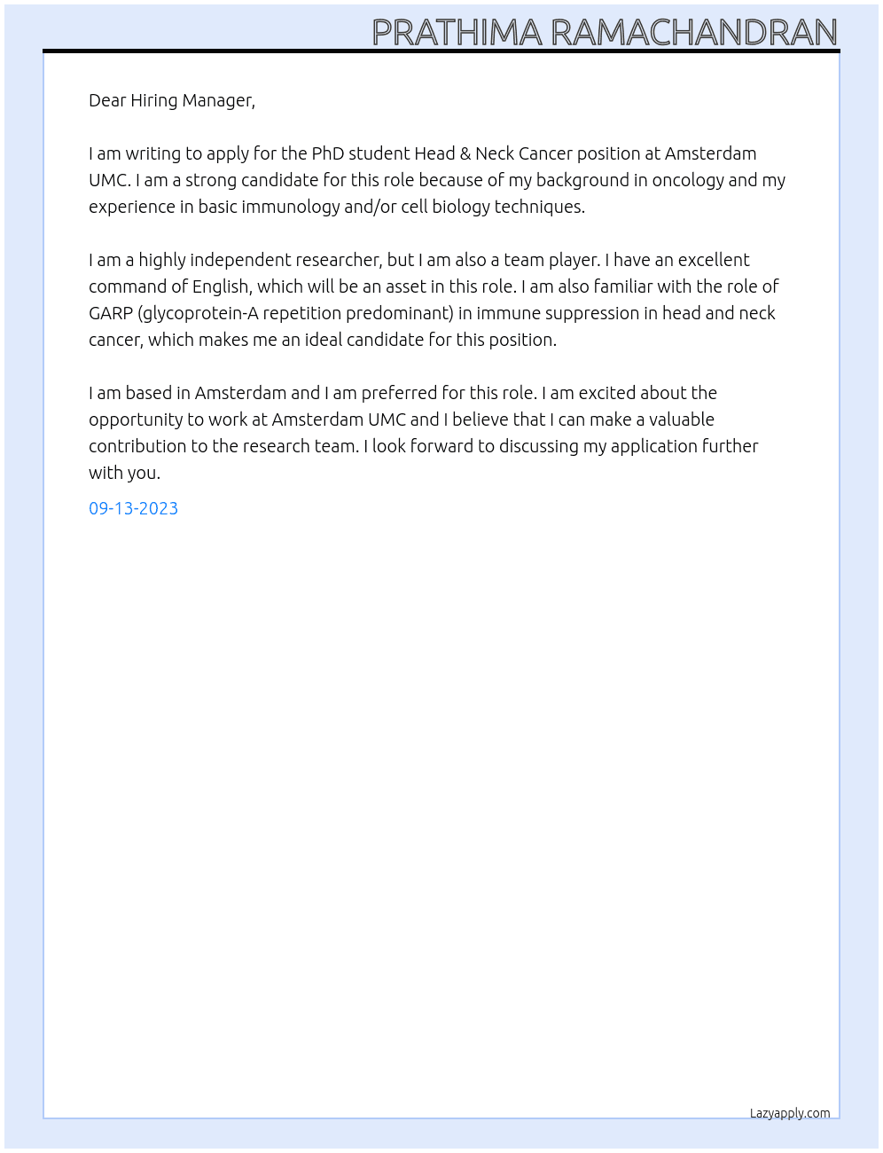 PhD student Head & Neck Cancer At Amsterdam UMC Cover Letter