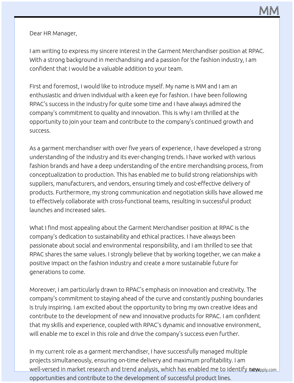 garment merchandiser  At rpac Cover Letter
