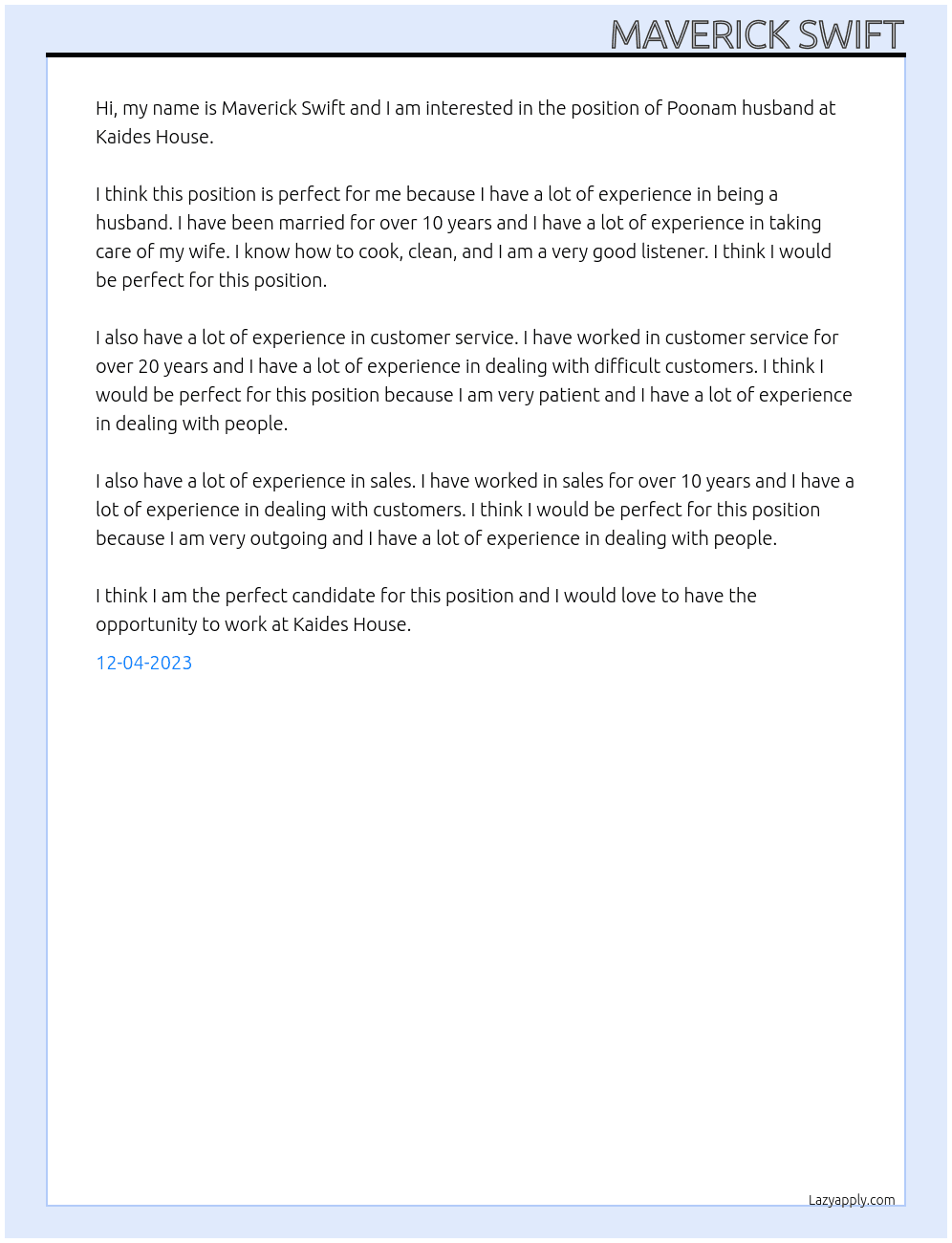 Poonam husband At Kaides House Cover Letter